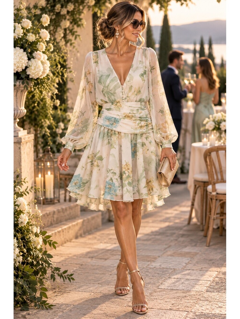 GUESS Garden Lilies Magali Floral Long Sleeve Flare Dress Large NWT